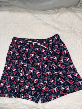 Janie and Jack: Navy Nautical Print Swim Shorts with Red & White Accents